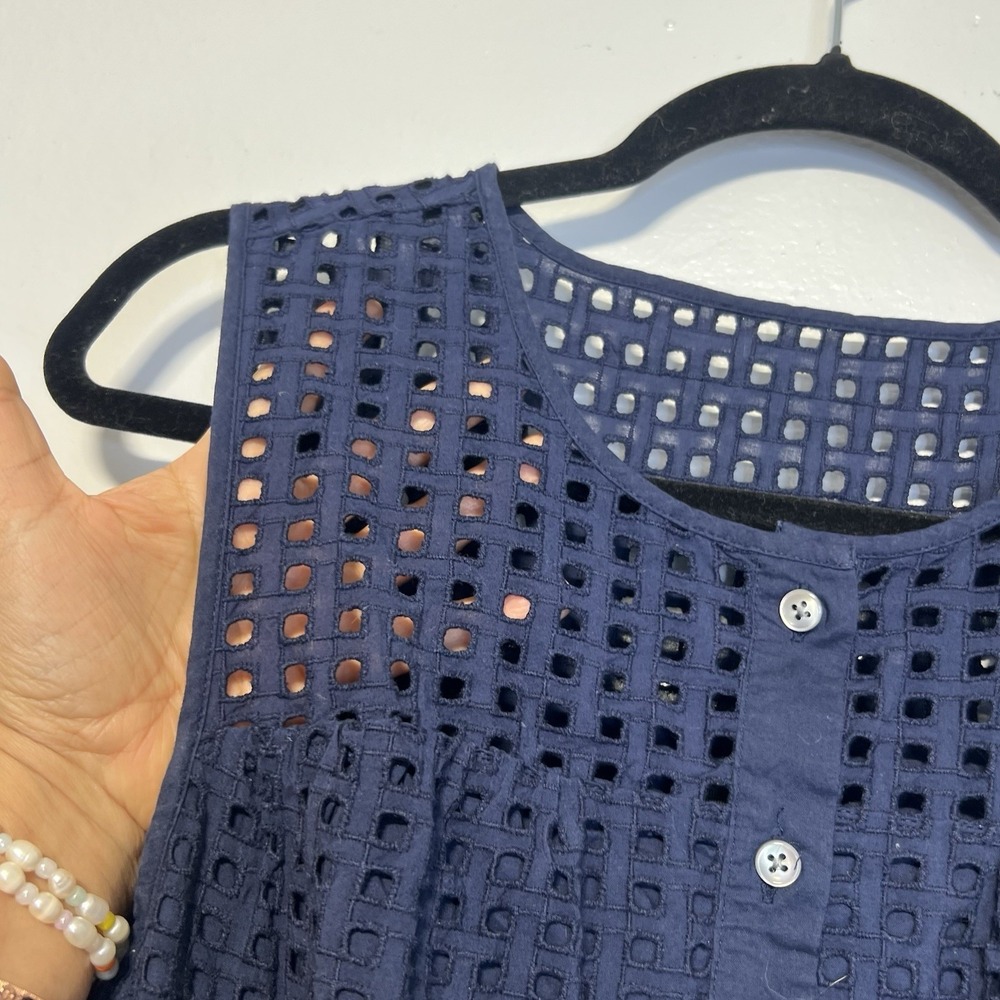 J. Crew Navy Blue Sleeveless Eyelet Dress Sz 12 A-Line‎ Flounce Hem Tie Waist - Picture 6 of 15